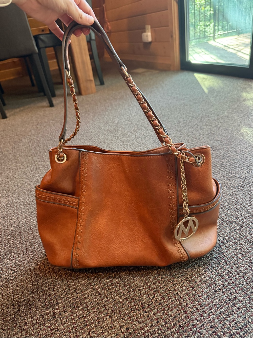 Leather Chain-Accent Shoulder Bag in Cognac